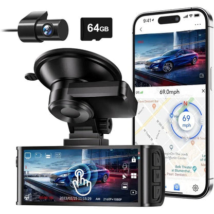 4K Dash Cam Front &amp; Rear, UHD 2160P, WiFi GPS, 64GB Karte