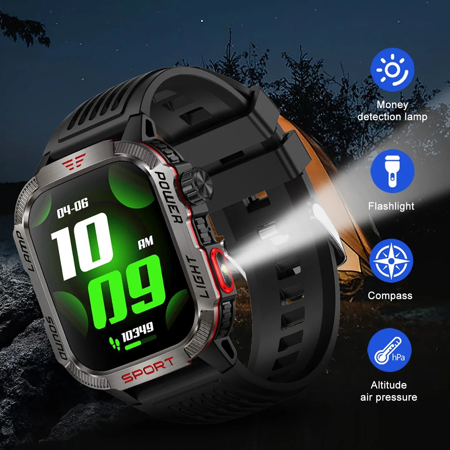 Zelara Rugged Outdoor Multisport Fitness Tracker Smart Watch mit LED Taschenlampe Kompass