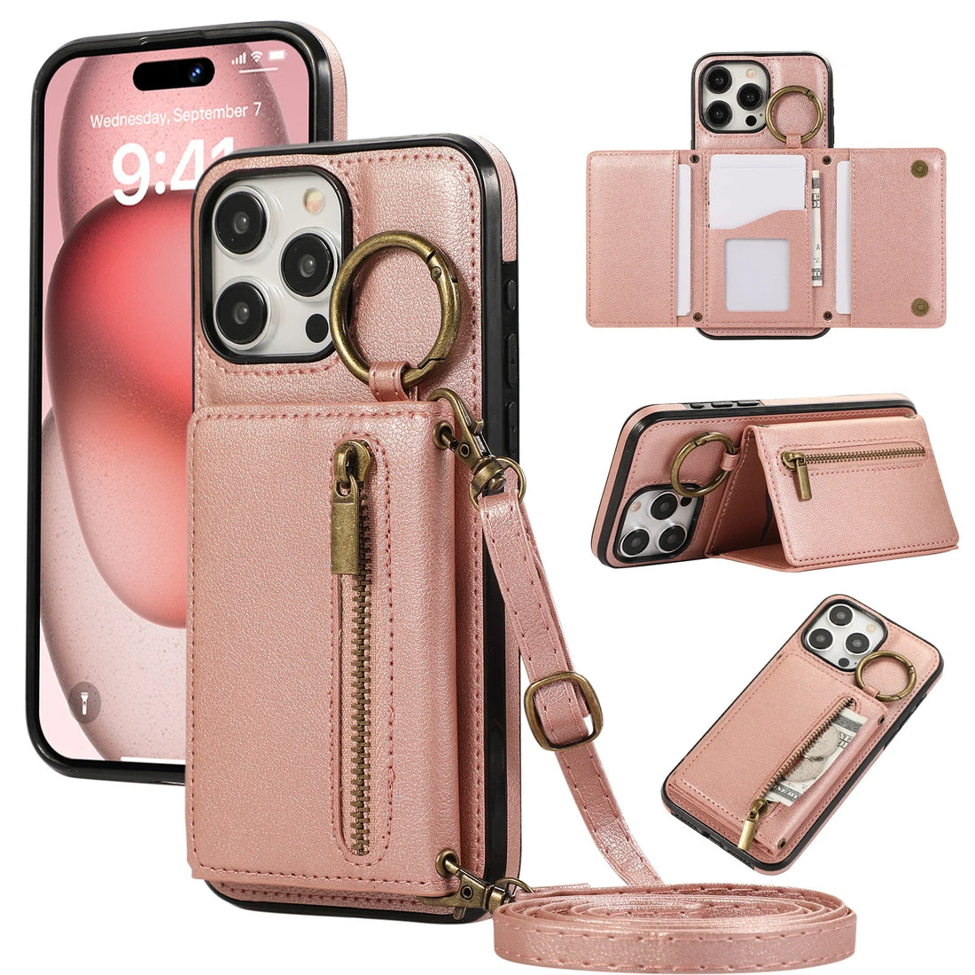 Bestseller, Dreifach Geldbörse Leder Reißverschlusstasche Umhängetasche Kartensteckplatz Ringhalter Tasche für iPhone 15 14 13 12 Pro Max Plus