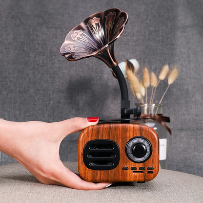Tragbarer Retro Bluetooth Lautsprecher Holz, Grammophon Stil, TF-Karten-Slot, FM Radio, Akku 1200mAh