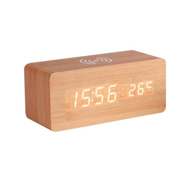 Moderne Holz-Wecker Digitaler LED Ladepad Wecker Drahtloses Ladegerät Thermometer