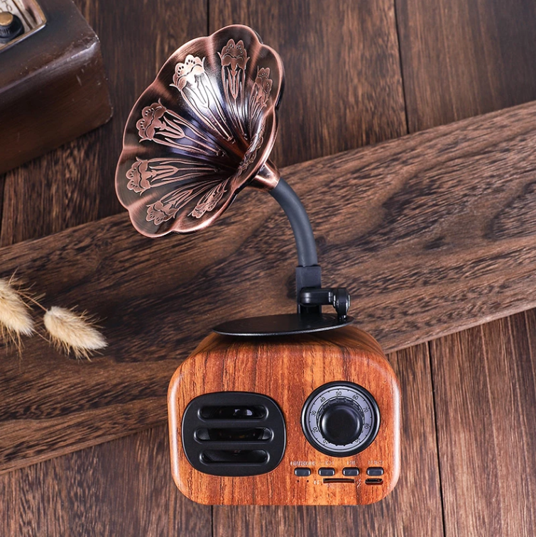 Tragbarer Retro Bluetooth Lautsprecher Holz, Grammophon Stil, TF-Karten-Slot, FM Radio, Akku 1200mAh