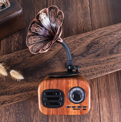 Tragbarer Retro Bluetooth Lautsprecher Holz, Grammophon Stil, TF-Karten-Slot, FM Radio, Akku 1200mAh
