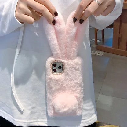 Warmer Hase Flauschige Pelz Handyhülle Coque 3D Hasenohren Weiche Hülle