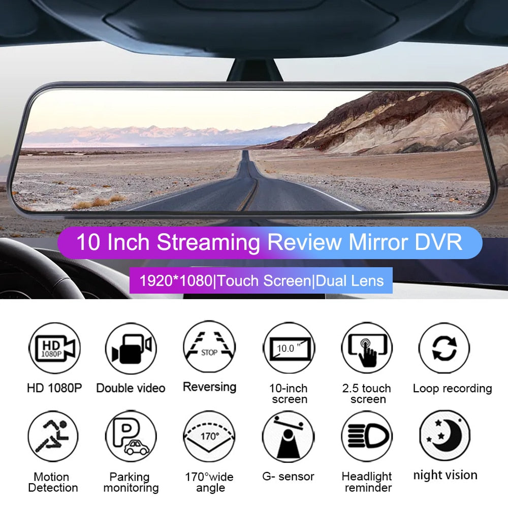 Zelara 10&quot; Touchscreen Dual-Lens Rückspiegel-Dashcam mit 24-Stunden-Überwachungsschleifenaufzeichnung