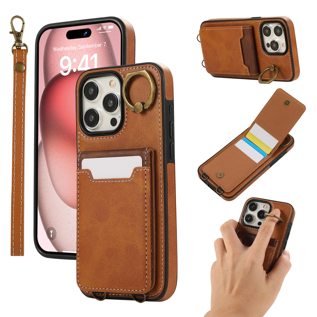 Vertikale Karten Solt Ring Halter Leder Brieftasche Fall Für iPhone Stand Band Tasche Abdeckung