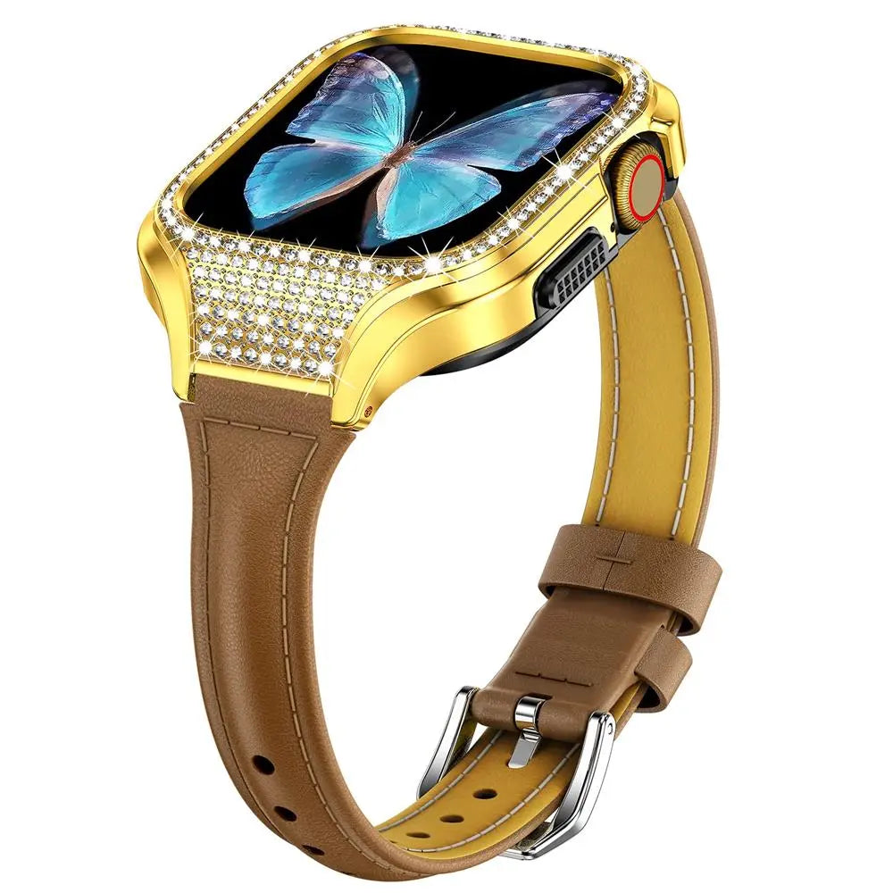 Diamond Luxe-Stahlgehäuse und Lederarmband für die Apple Watch