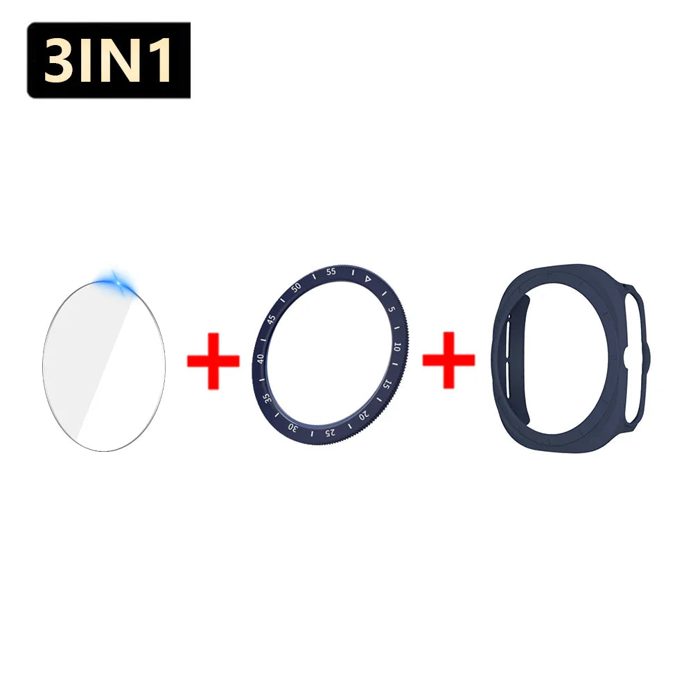 3-in-1 Schutzset für Samsung Galaxy Watch 7 Ultra 47mm - Gehärteter Glasbildschirm-Schutz, Harter PC-Case, Lünette-Ringabdeckung