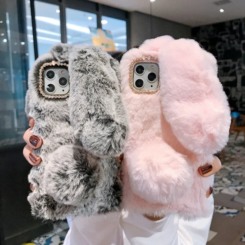 Warmer Hase Flauschige Pelz Handyhülle Coque 3D Hasenohren Weiche Hülle