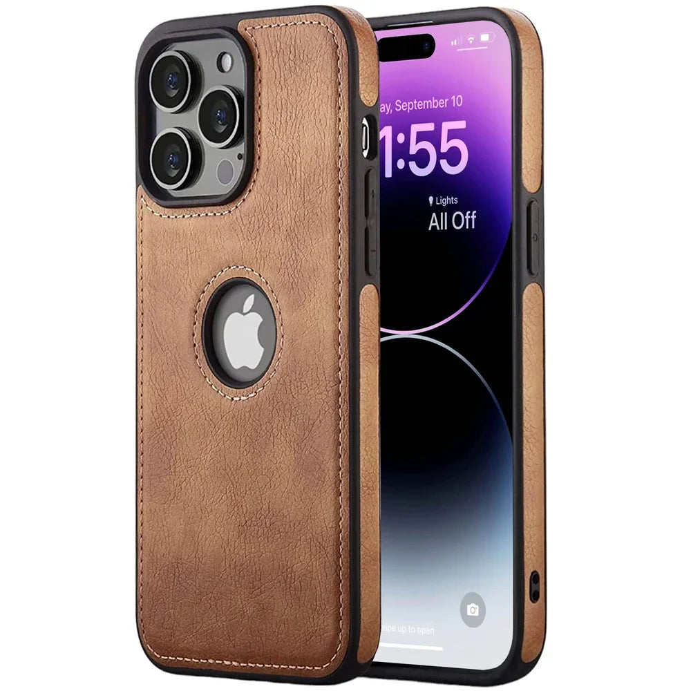 Shockproof Weiches Silikon Leder Case für iPhone 16, iPhone 16 Pro, iPhone 16 Pro Max – Schlankes Design, Lederdesign mit Logo-Ausschnitt