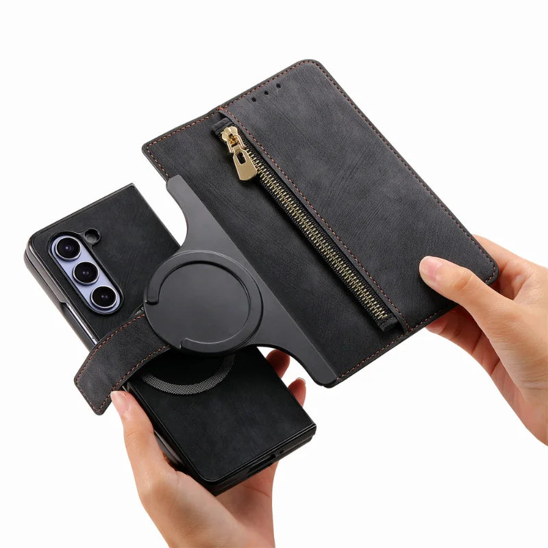 Zelara Multifunktionale Magnetische Leder Wallet Case Mit Reißverschluss Flip Stand Für Samsung Galaxy Z Fold 6 5 Serien