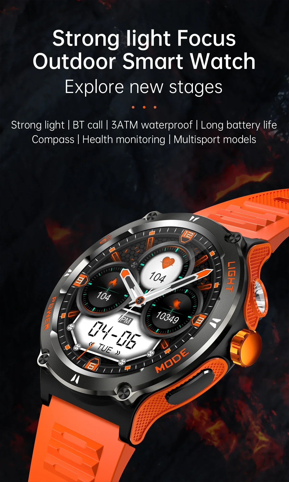 Zelara Outdoor Rugged 3ATM Wasserfest Smartwatch Fitness Tracker Mit Kompass Taschenlampe