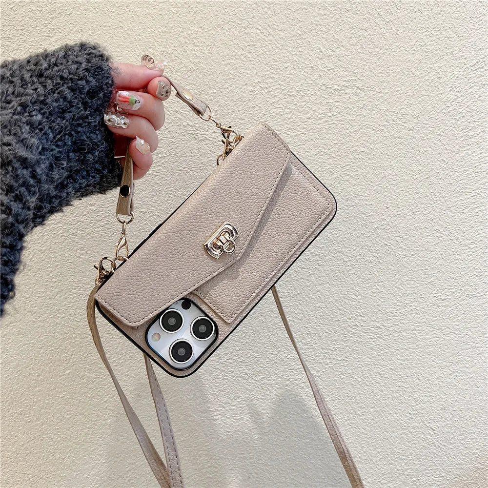 Wallet Crossbody Handytasche für iPhone Kartensteckplatz Halter Lange Umhängeband Lederhülle