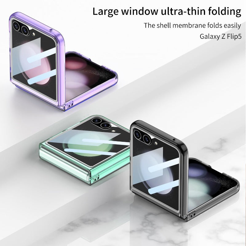 Großes Fenster, faltbares, schlankes, transparentes Telefongehäuse mit gehärteter Glasfolie für Samsung Galaxy Z Flip 5