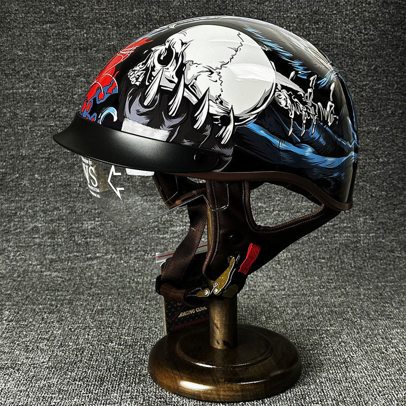 Retro-Halbgesichts-Motorradhelm mit Grafikdesign