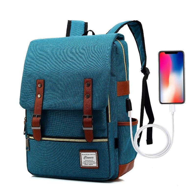 Vintage Laptop-Rucksack Unisex Oxford Wasserdicht Große Kapazität Rucksäcke mit USB-Ladeanschluss