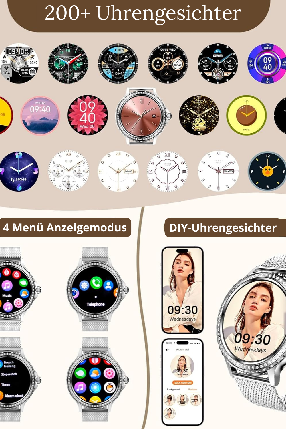 Zelara Damen-Smartwatch, 1,3 Zoll, großer HD-Bildschirm, IP68, wasserdicht, Pulsmesser, Sport-Smartwatch