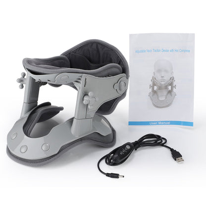 Warming neck brace with traction for pain relief