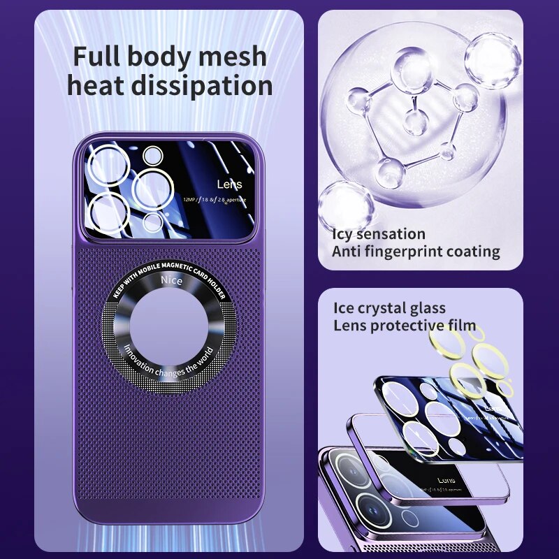 Luxus wärmeableitendes Magnetgehäuse als iPhone-Hülle | MagSafe Case mit galvanisiertem Metallrahmen und vergrößernder Glaslinse als Kameraschutzabdeckung für Apple iPhone 15/14/13/12 Pro Max Plus Cover | Panzertasche, hochwertige Handyhülle