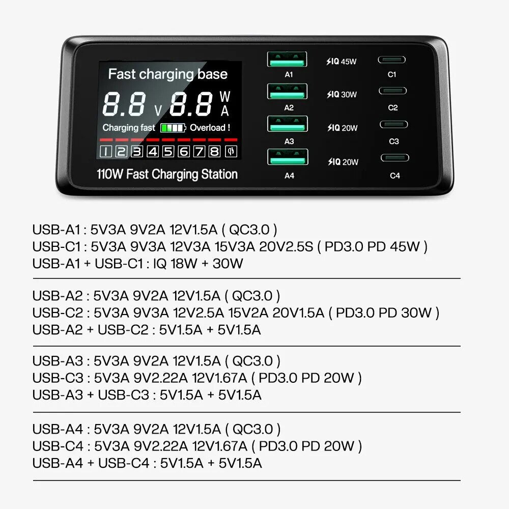 110W 8-Port USB Typ-C Ladestation Kabellose Schnell Ladegerät Digitalem Bildschirm | Wireless Charging Station iPhone, Samsung, Android, Handy, Tablet