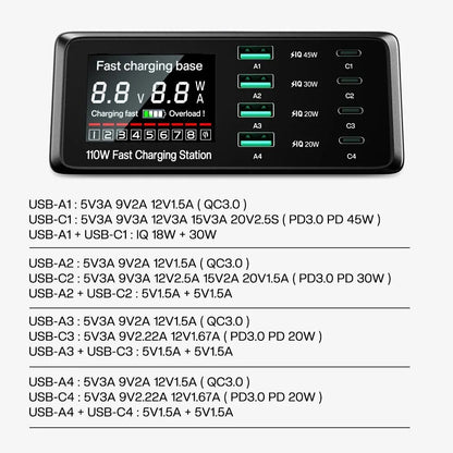 110W 8-Port USB Typ-C Ladestation Kabellose Schnell Ladegerät Digitalem Bildschirm | Wireless Charging Station iPhone, Samsung, Android, Handy, Tablet