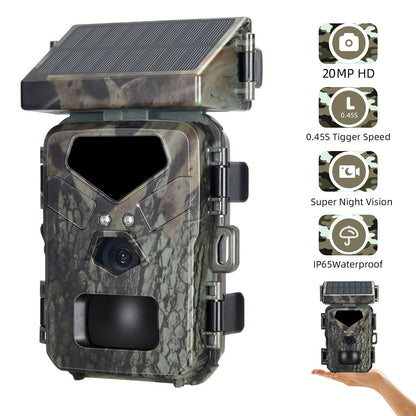 20MP Solarbetriebene Jagdkamera, 1080P IP65, 0,45s Auslöser, Infrarot Nachtsicht, bewegungsgesteuert, 60° Erkennung, 32GB Karte