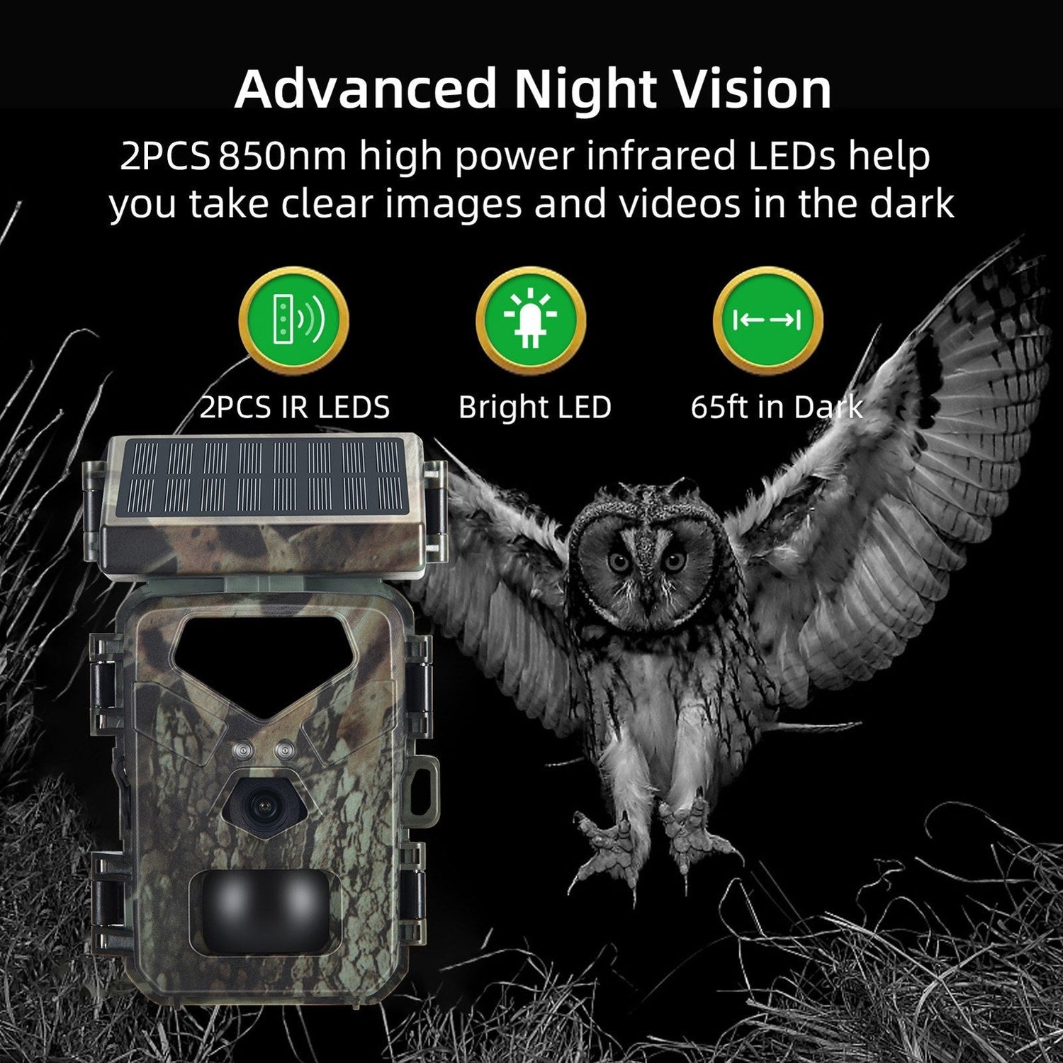 20MP Solarbetriebene Jagdkamera, 1080P IP65, 0,45s Auslöser, Infrarot Nachtsicht, bewegungsgesteuert, 60° Erkennung, 32GB Karte
