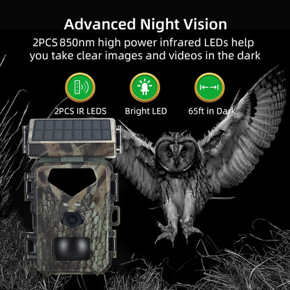 20MP Solarbetriebene Jagdkamera, 1080P IP65, 0,45s Auslöser, Infrarot Nachtsicht, bewegungsgesteuert, 60° Erkennung, 32GB Karte