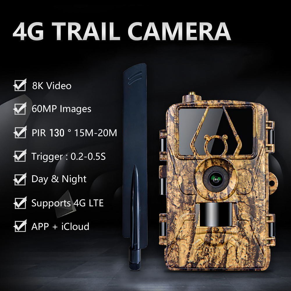 8K Trail Cam 60MP Fotos | Nachtsicht Bewegungsmelder | Wasserfeste Wildkamera für Jagd &amp; Haussicherheit | 4G EU-Version mit SIM &amp; Antenne
