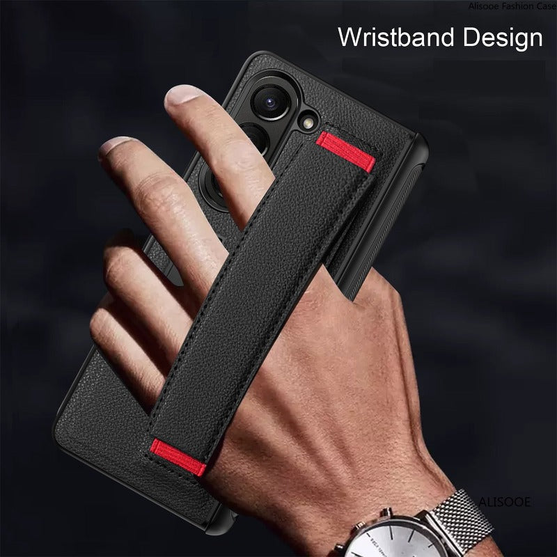 Handyhülle mit Armbandscharnier und Frontglas-Handgelenksschlaufe zum Stehen für Samsung Galaxy Z Fold 5 4