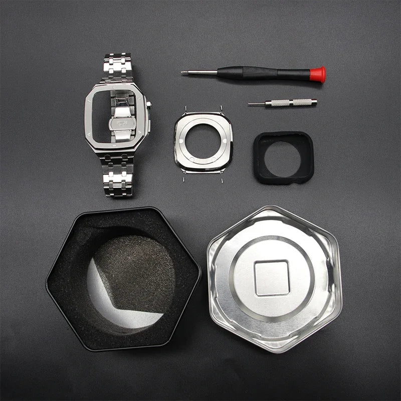 Luxus Modifikations-Kit für Apple Watch Serie 9/8/7/SE/6/5/4, 45mm/44mm Metallgehäuse und Hülle, Rahmen &amp; Armband Case Zubehör