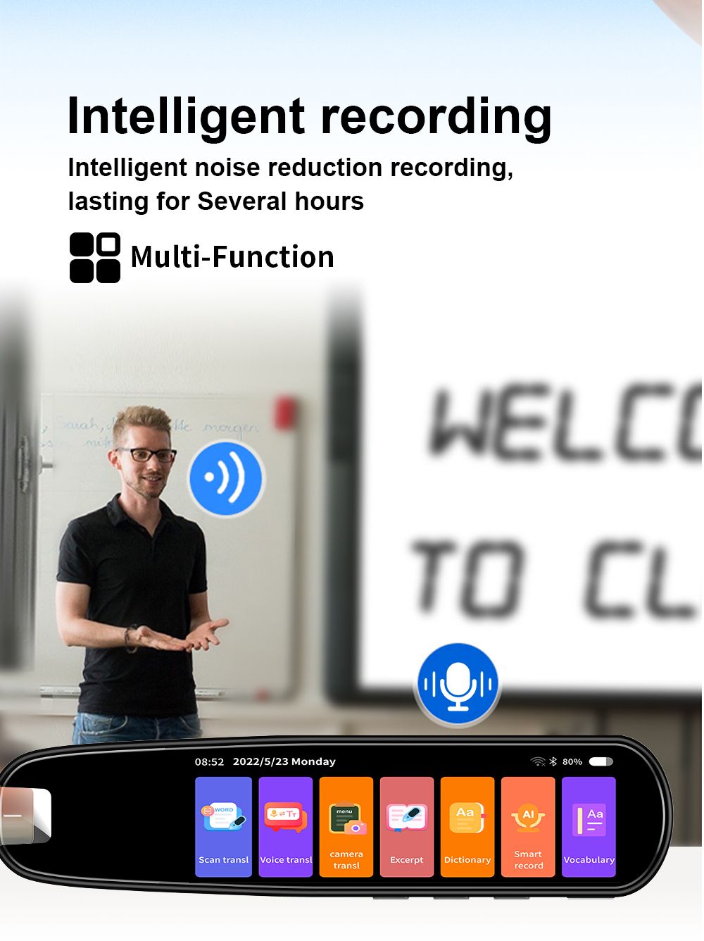 Scanner- und Übersetzungsstift mit 112-Sprachen Echtzeit-Sprachübersetzung und Aufnahmefunktion