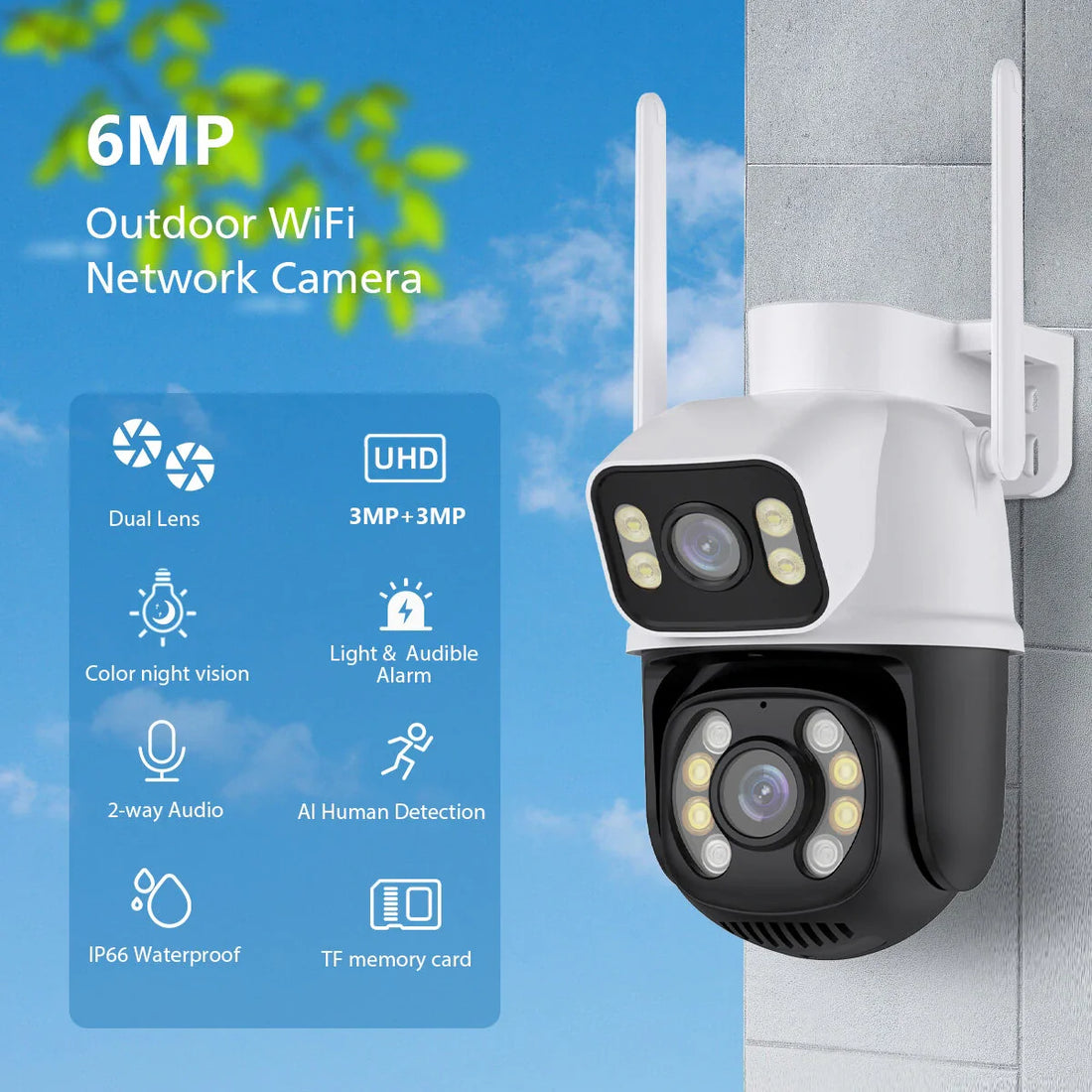 6MP Dual Lens 4K WiFi IP-Kamera, Menschenerkennung, Auto-Tracking, Outdoor-Drahtlos-CCTV, Onvif-kompatibel