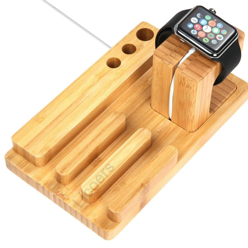 3-in-1 Bambus-Holz Ladestation: Premium Ladegerät-Ständer für iPhone, Apple Watch &amp; iPad, Handy-Halter | AirPods &amp; iOS-Geräte Wireless Charging Dockingstation