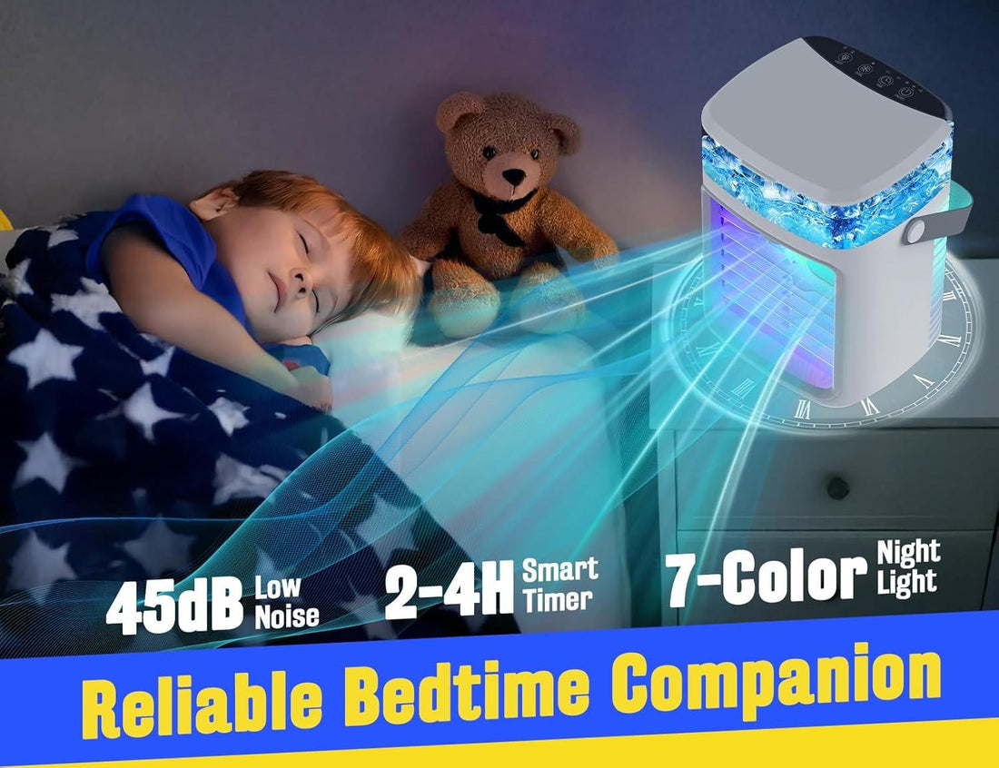 Tragbarer Luftkühler Ventilator 4-in-1 mit Befeuchtung, Aromatherapie &amp; LED-Beleuchtung