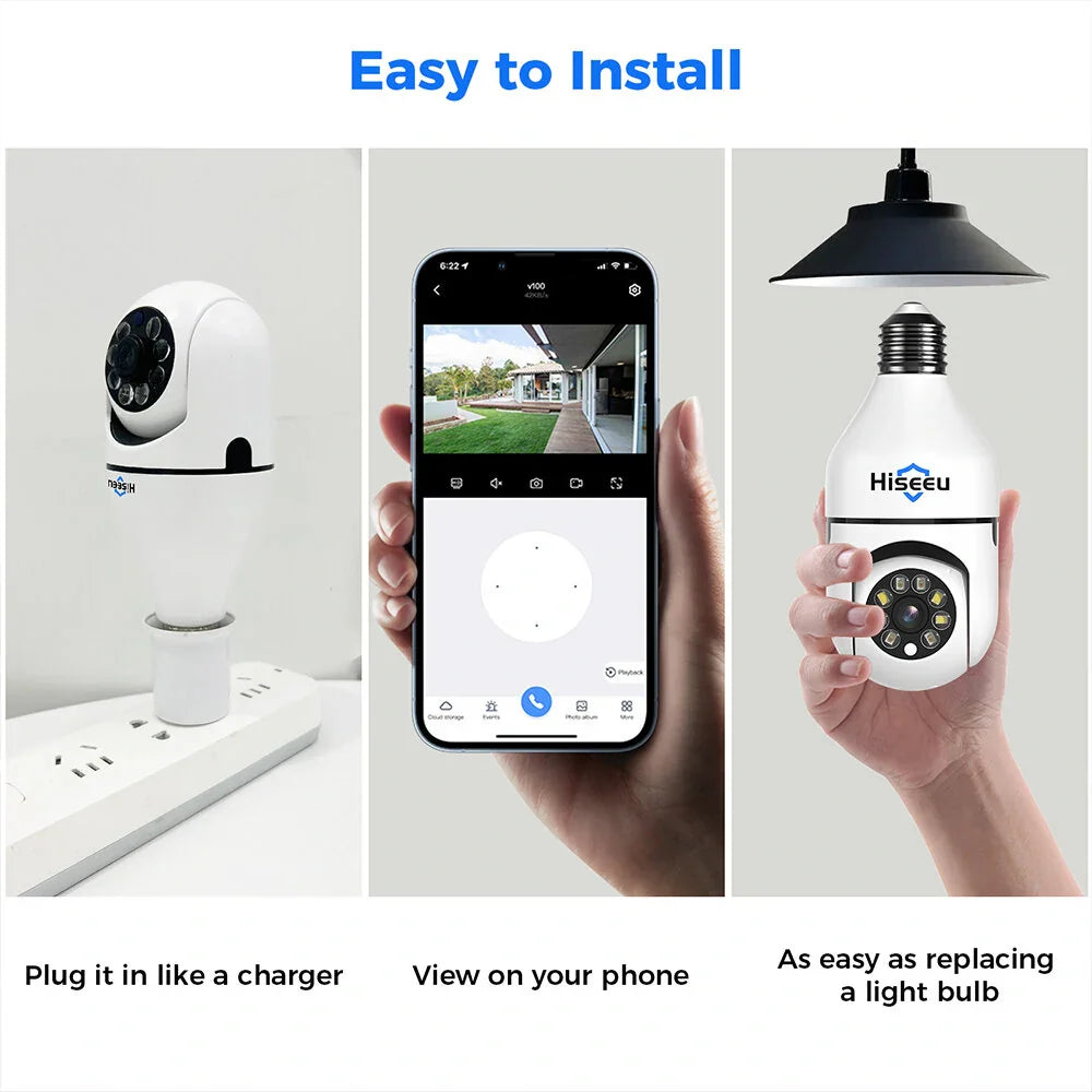 Hiseeu P03 3MP Wireless Bulb IP Kamera, PTZ Außen mit Nachtsicht, Bewegungsdetektion, Gegensprechfunktion, Alarmton, App Fernüberwachung - Sicherheitskamera für Zuhause
