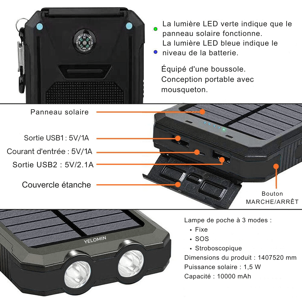 Solar Powerbank wasserdicht stoßfest 10.000 mAh - Solaraufladung