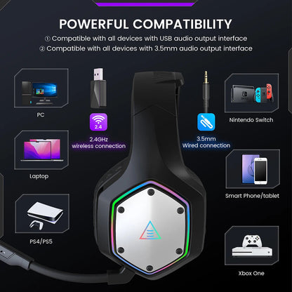 Hochwertiges kabelloses 2,4 GHz Kopfhörer E1000 WT: Surround Gaming-Headset, Mikrofon, geringe Latenz, für PC/PS4/PS5/Xbox | Kompatibel mit MacBook, Laptop, iPhone, Android, Samsung