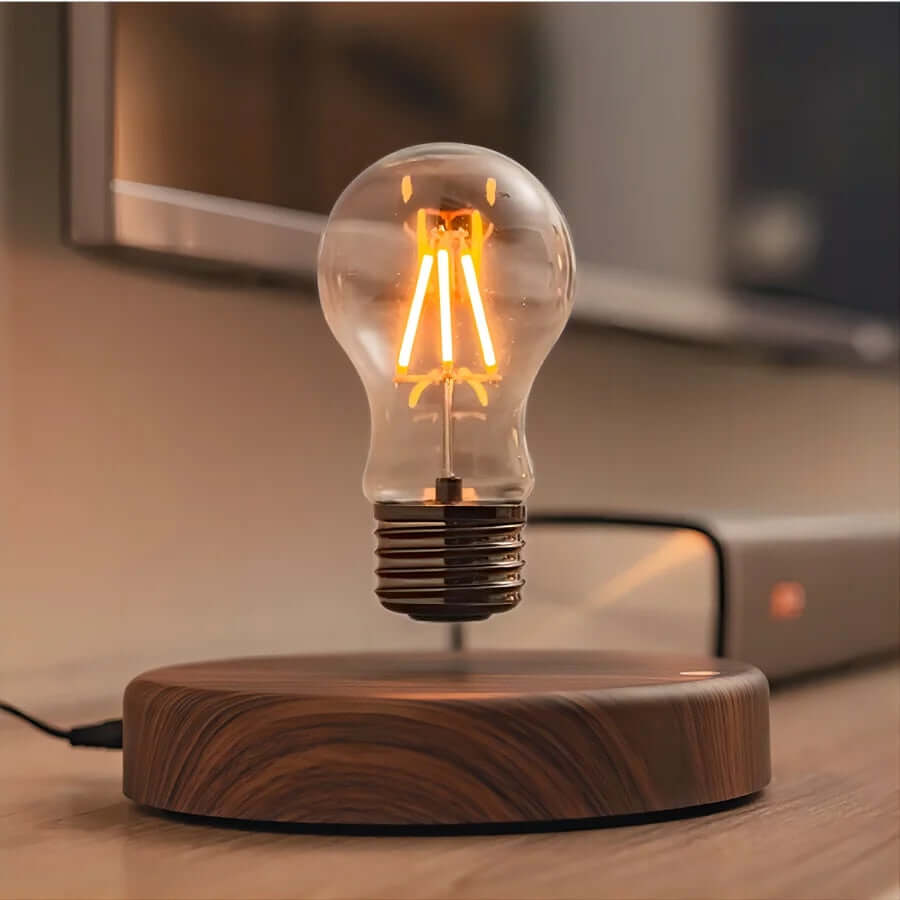 Schwebende LED-Tischlampe mit Walnussfuß