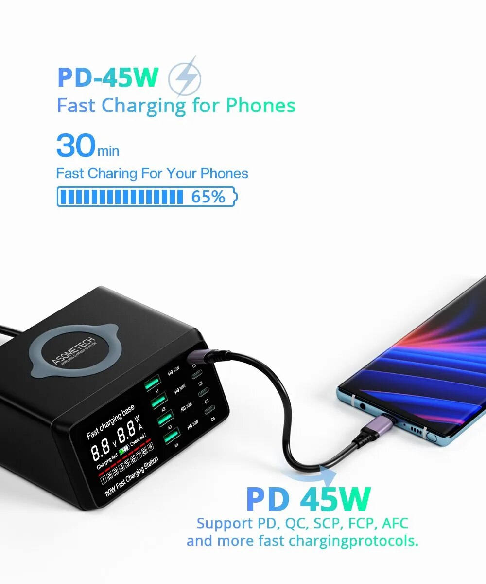 110W 8-Port USB Typ-C Ladestation Kabellose Schnell Ladegerät Digitalem Bildschirm | Wireless Charging Station iPhone, Samsung, Android, Handy, Tablet