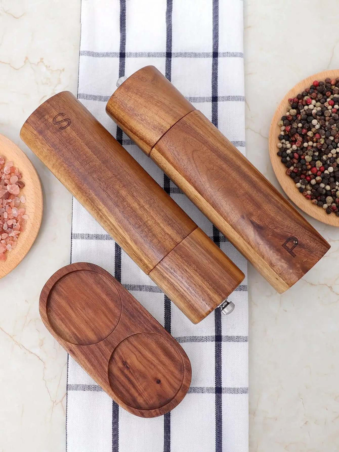 Holz Salz- und Pfeffermühlen-Set mit Tablett 22,5cm