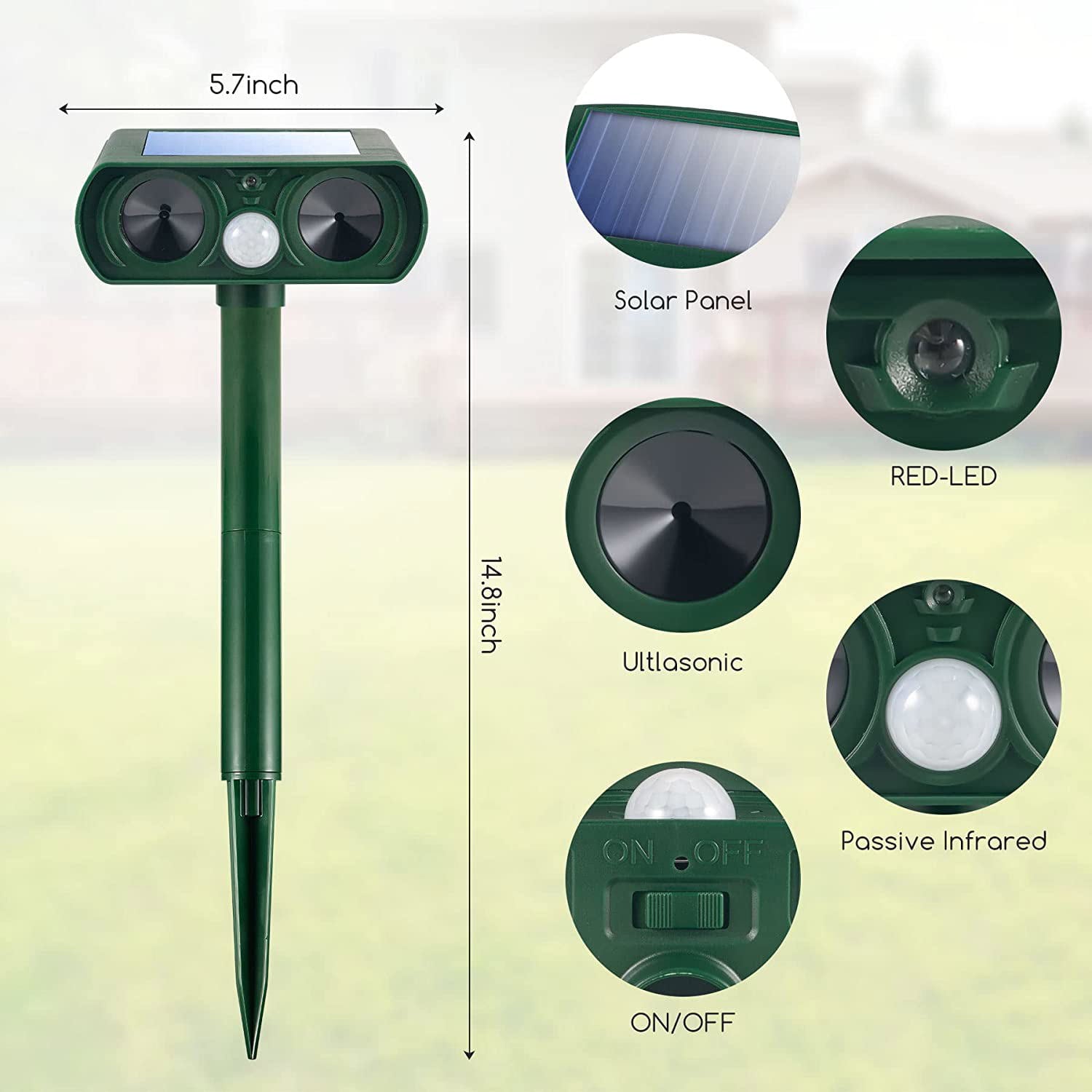 Solarbetriebener und Ultraschall-Tiervertreiber