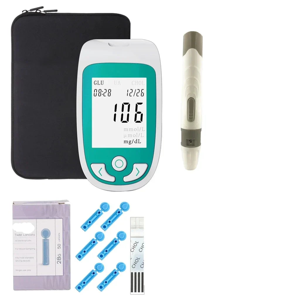 Multifunktionaler Analyzer Heimcholesterin-Testkit mit Lanzetten Harnsäuremessgerät Blutzuckermessgerät