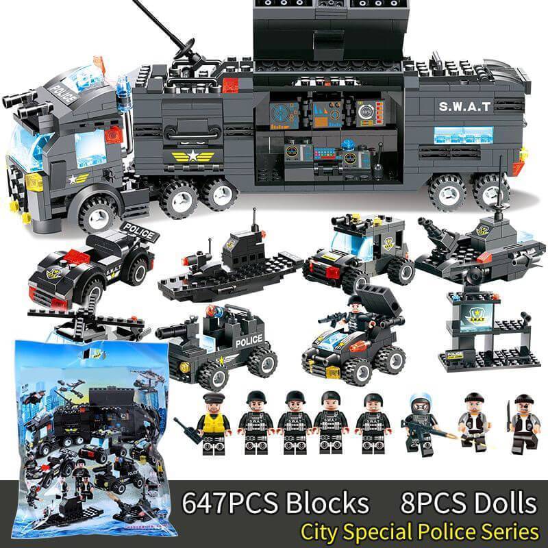 8 IN 1 Stadt Polizei Truck Station Baukasten Serie SWAT Spielzeug Geschenk Für Kinder