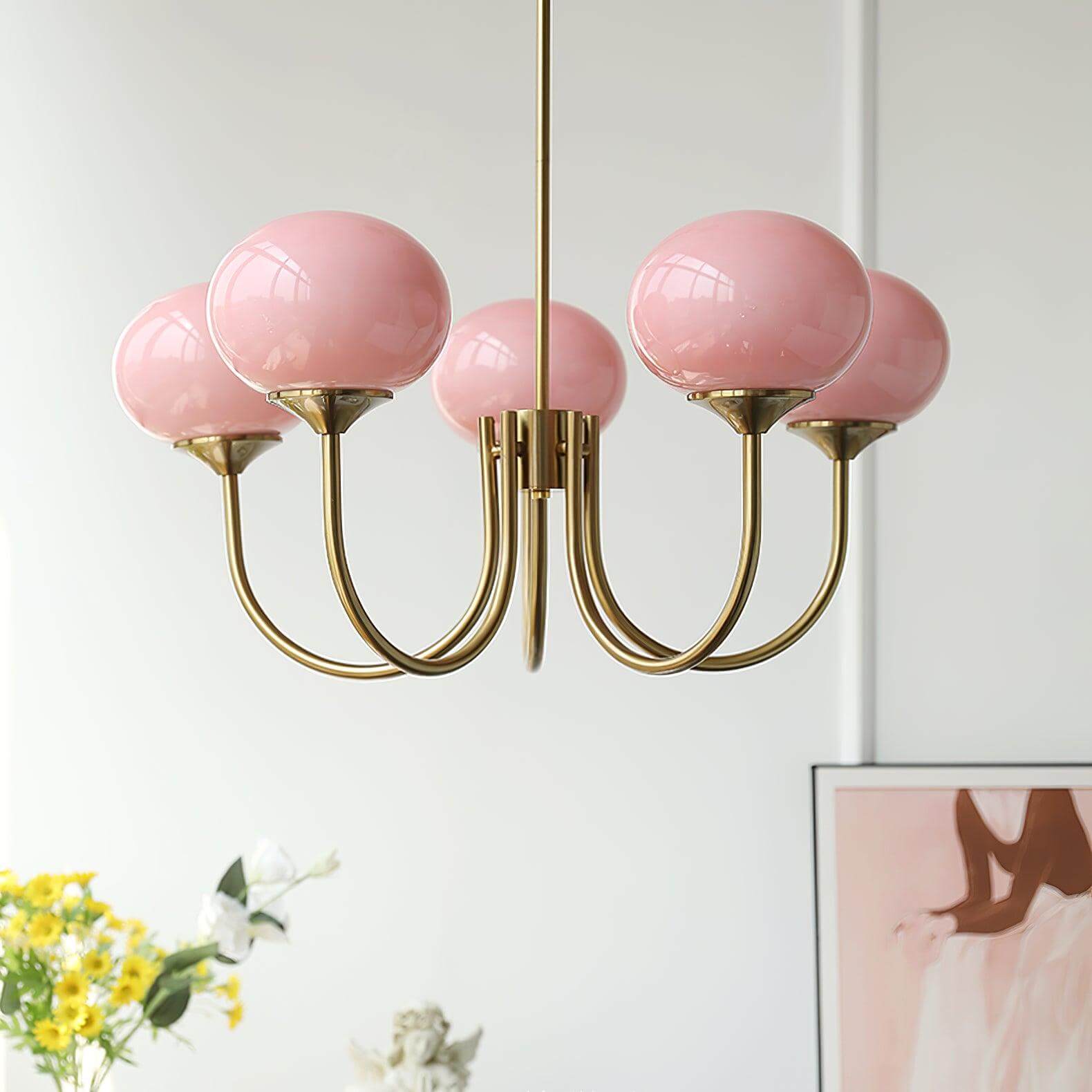 Moderner Kronleuchter mit Rosa Glasschirmen