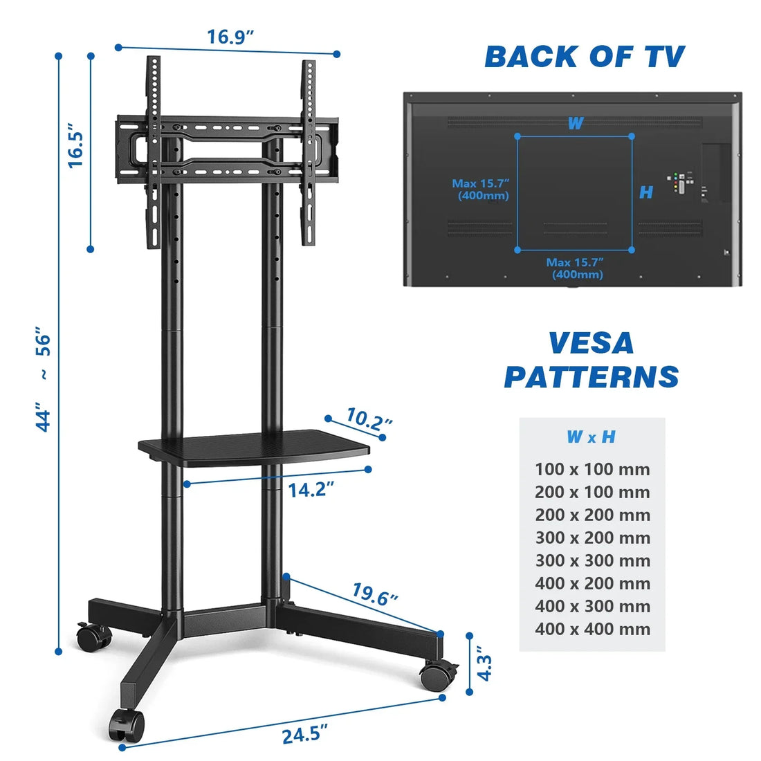 Vielseitiger Roll-TV-Ständer mit verstellbarem Regal