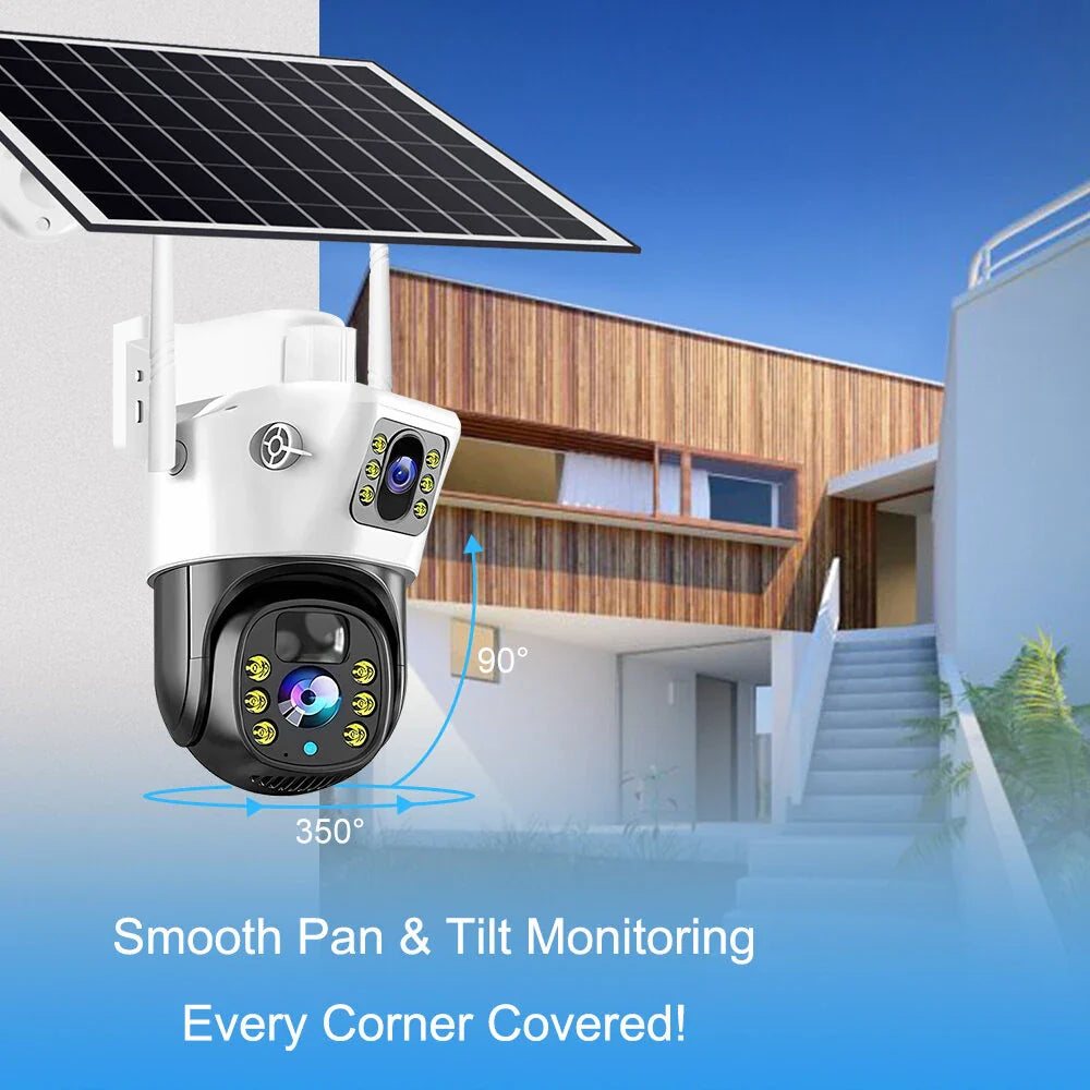 V380 Dual-Lens 4MP Solar Wireless-IP-Kamera Außen, 360° Ansicht, IP66 wasserdicht, Zwei-Wege-Audio, PIR-Bewegungserkennung, 400MP insgesamt, WiFi-Sicherheit