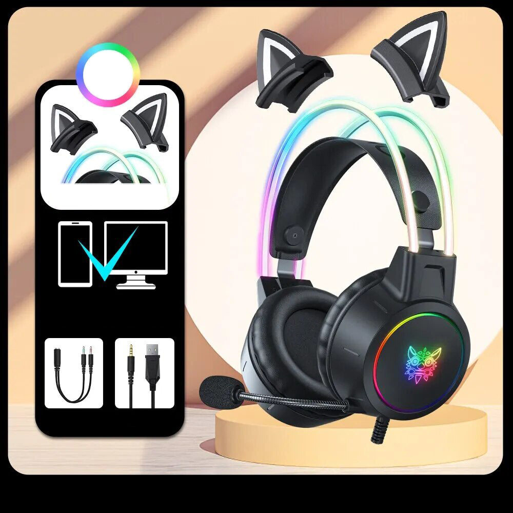 Hochwertiges Onikuma X15 Pro Over-Ear Gaming-Headset mit Kabel | Geräuschunterdrückung, Rosa Katzenohren, RGB-Licht und Mikrofon für PC PS4 Gaming