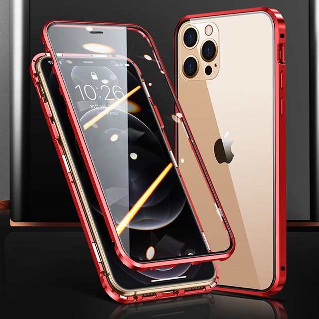 Hochwertige iPhone Hülle aus Metallrahmen und doppelseitigem Glas | MagSafe-kompatible, Magnetische Adsorption für 360° Vollschutz Case | Stoßfest Glasobjektiv-Kameraschutz Panzer-Schutzhülle | Cover für Apple iPhone 15/14/13/12 Pro Max, Plus, Mini