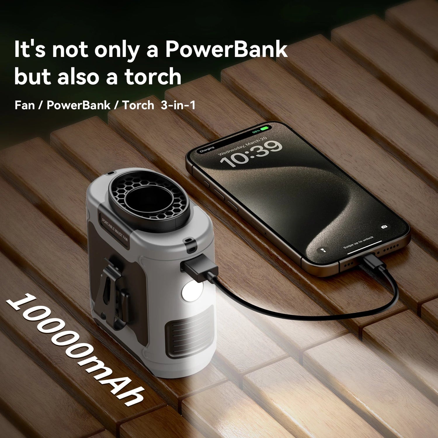 Tragbarer 10000mAh Taillenventilator – LED, Powerbank &amp; Turbo-Luftstrom für Outdoor &amp; Sport